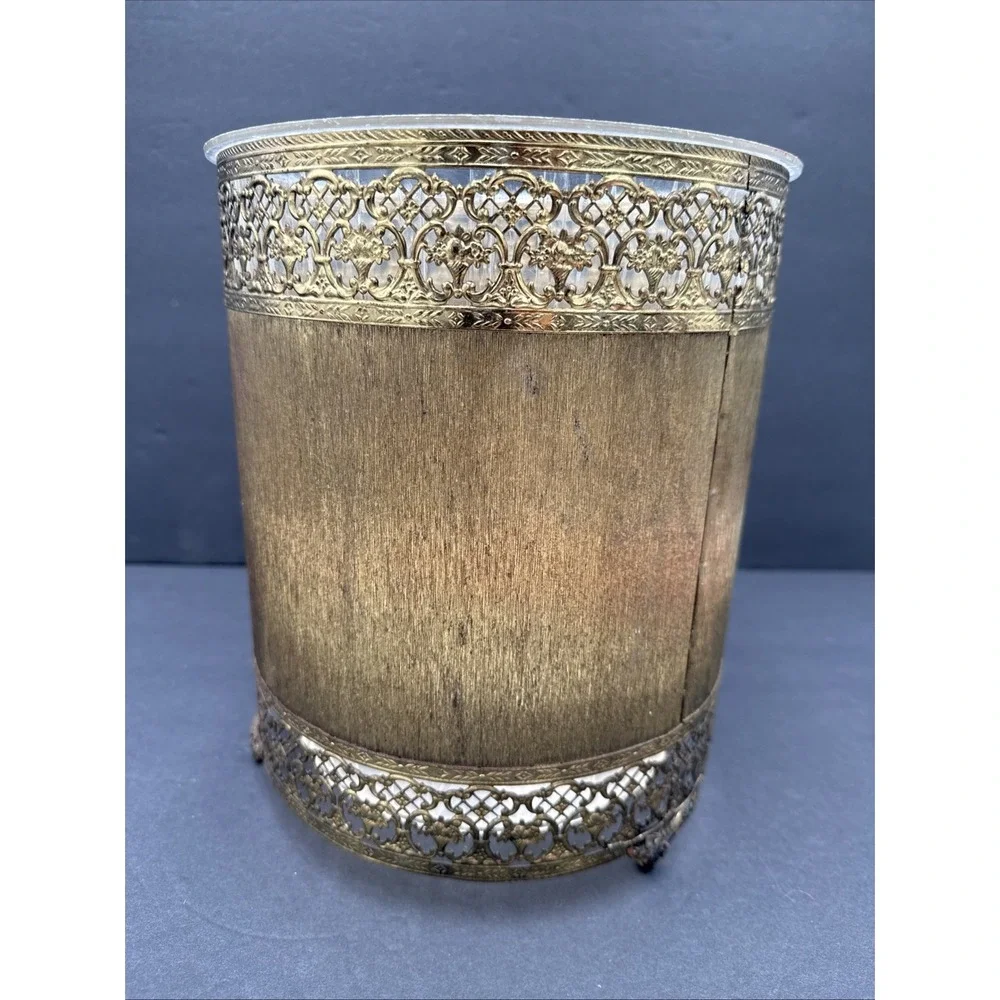 Vtg Hollywood Regency‎ Gold Tone Filigree Trash Basket Can Plastic Liner MCM